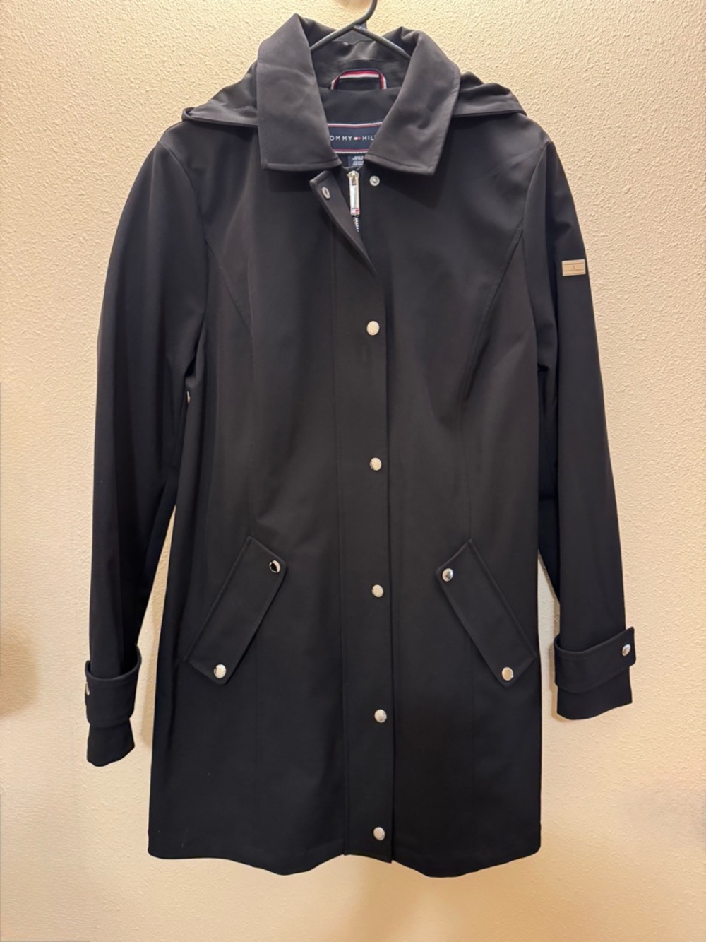Tommy Hilfiger Black Hooded Snap-Closure Trench Coat